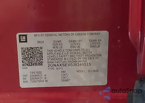 2018 Chevrolet Equinox Lt z USA, uszkodzony, nr VIN 2GNAXSEV0J6349515